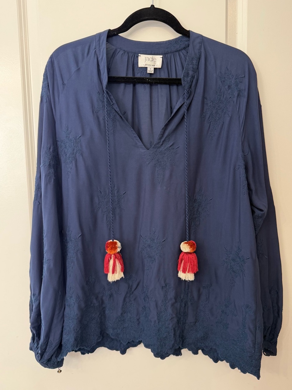 Johnny Was Jade Navy Tunic Top with Red-and-Cream Tassels